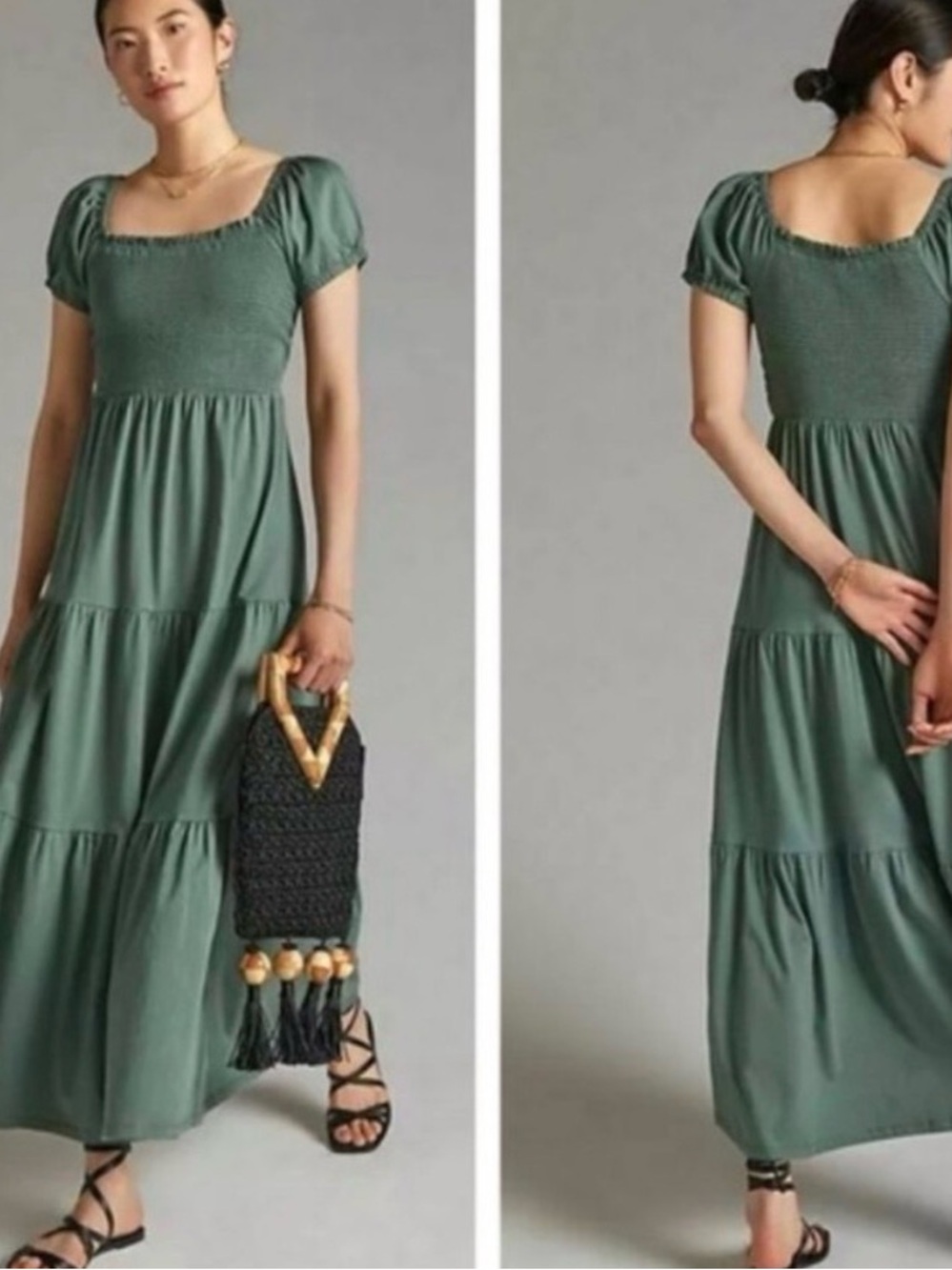 Anthropologie Daily Practice Smocked‎ Puff-Sleeve Tiered Maxi Dress Green Small